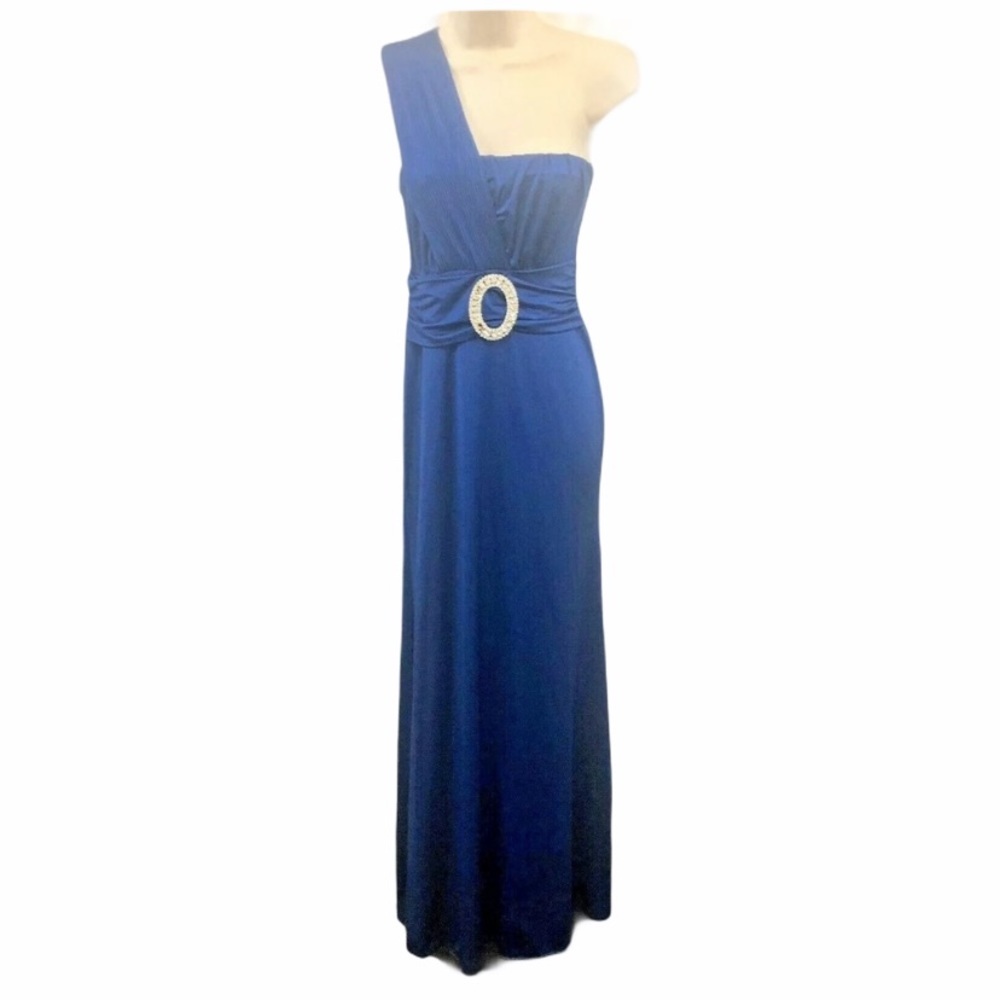 Sabora 1 Shoulder Rhinestones Blue Dress w/Slit L